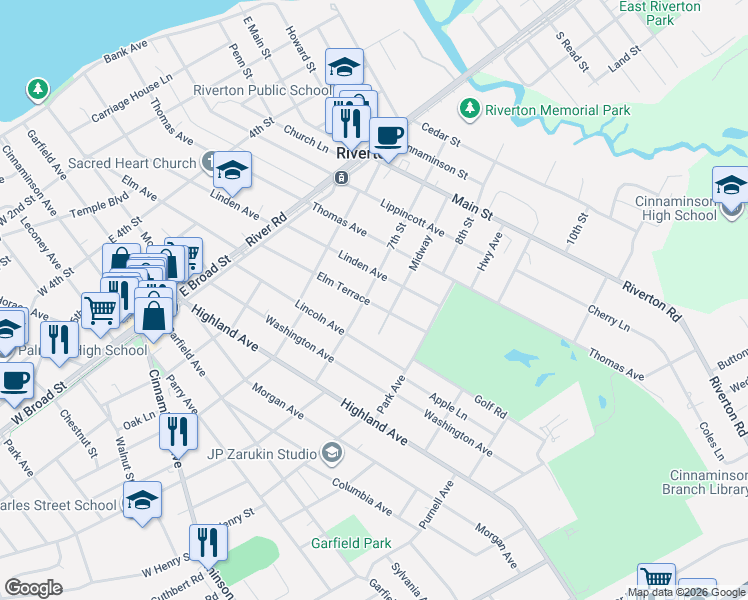 map of restaurants, bars, coffee shops, grocery stores, and more near 101 7th Street in Riverton