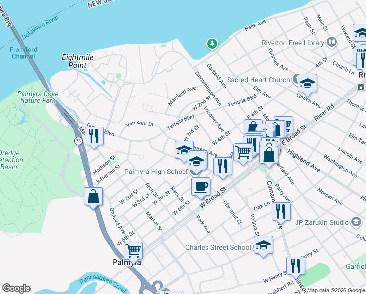 map of restaurants, bars, coffee shops, grocery stores, and more near 227 Horace Avenue in Palmyra