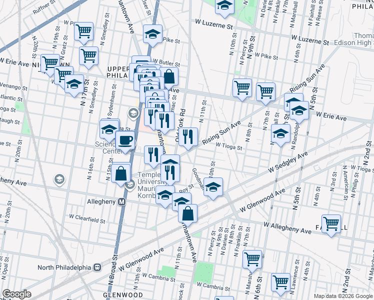 map of restaurants, bars, coffee shops, grocery stores, and more near 1109 Rising Sun Avenue in Philadelphia