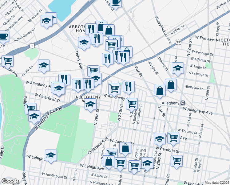 map of restaurants, bars, coffee shops, grocery stores, and more near 3215 North Newkirk Street in Philadelphia