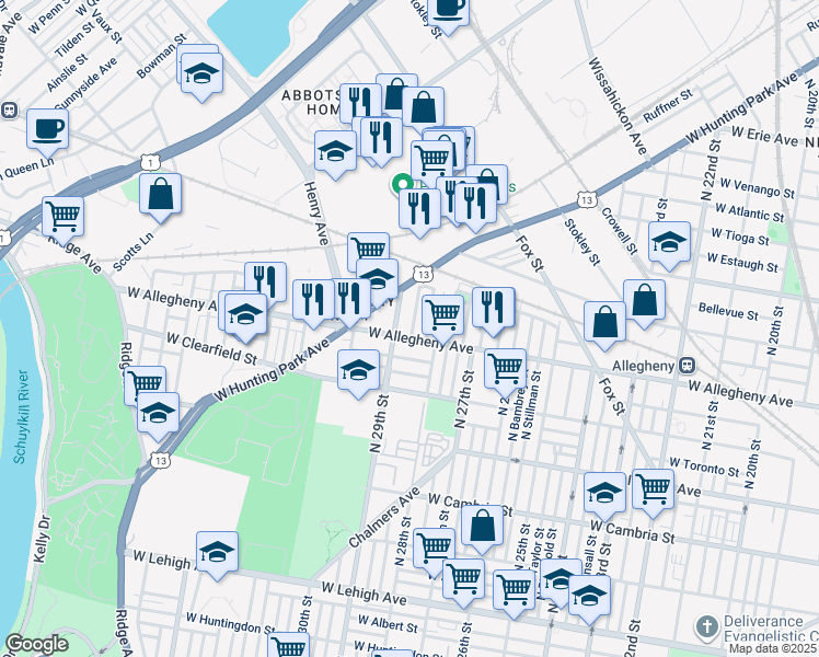 map of restaurants, bars, coffee shops, grocery stores, and more near in Philadelphia
