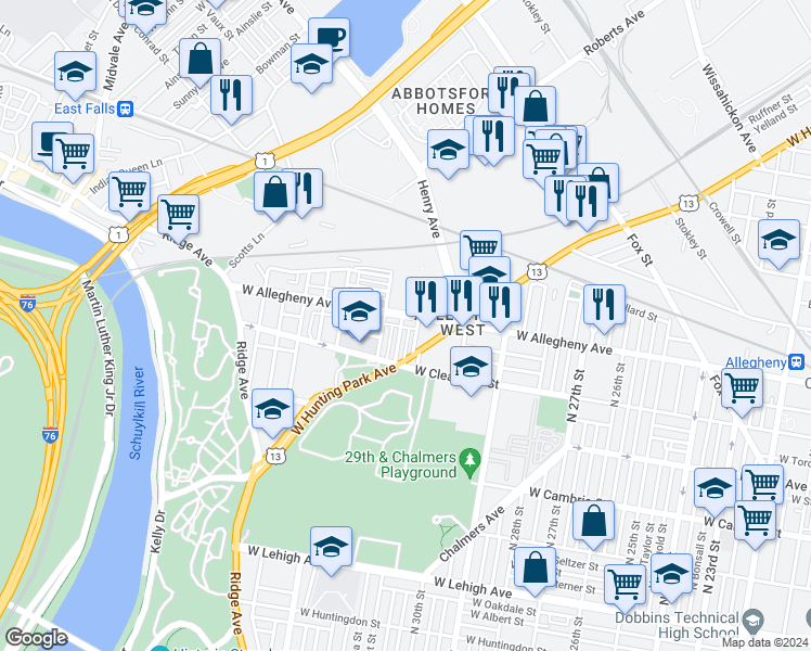 map of restaurants, bars, coffee shops, grocery stores, and more near 3158 West Allegheny Avenue in Philadelphia