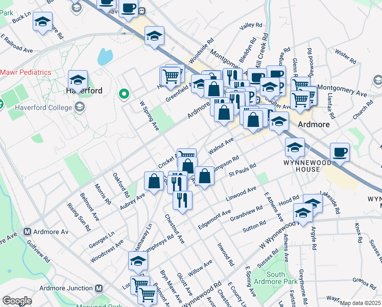 map of restaurants, bars, coffee shops, grocery stores, and more near 145 Cricket Avenue in Ardmore