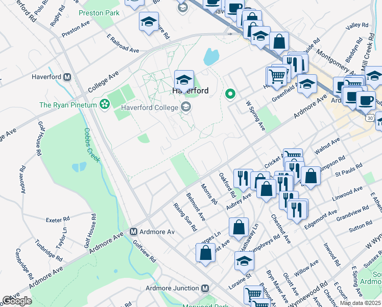 map of restaurants, bars, coffee shops, grocery stores, and more near 211 Village Hampton in Ardmore