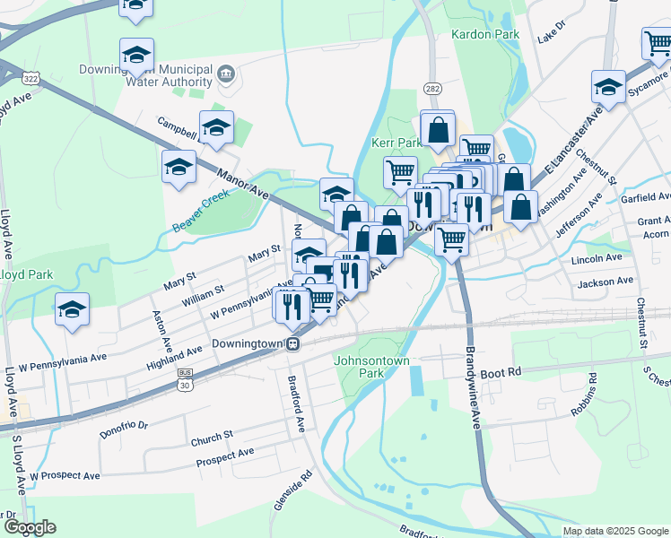 map of restaurants, bars, coffee shops, grocery stores, and more near 40 West Pennsylvania Avenue in Downingtown
