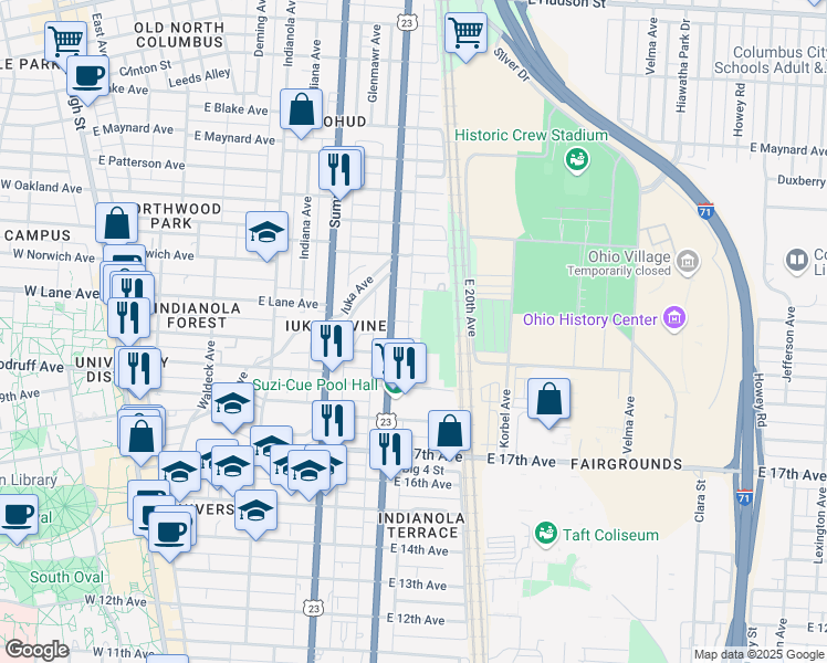 map of restaurants, bars, coffee shops, grocery stores, and more near 401 East Lane Avenue in Columbus