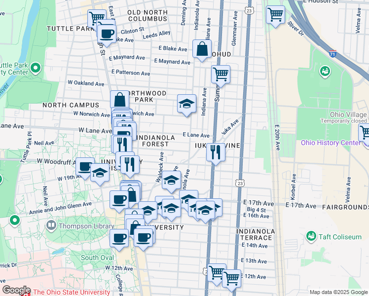 map of restaurants, bars, coffee shops, grocery stores, and more near 178 Frambes Avenue in Columbus