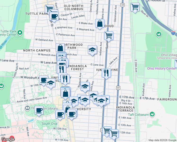 map of restaurants, bars, coffee shops, grocery stores, and more near 178 Frambes Avenue in Columbus