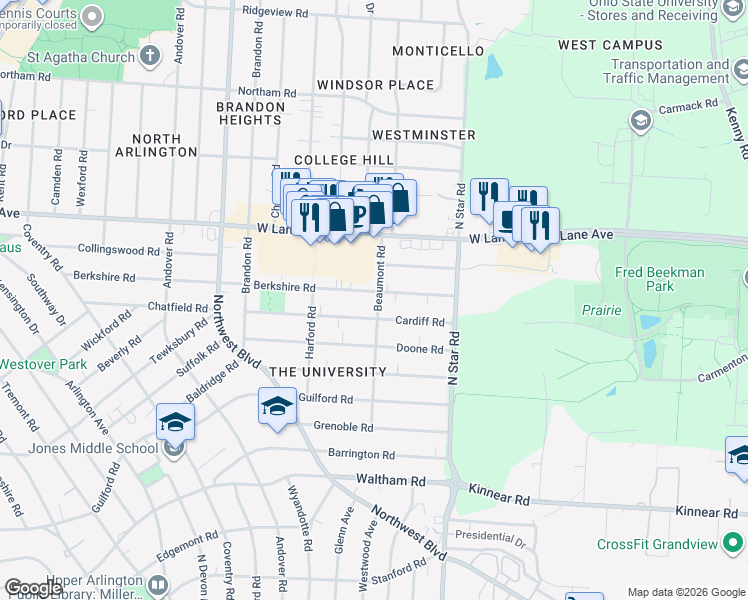 map of restaurants, bars, coffee shops, grocery stores, and more near 1581 Berkshire Road in Columbus