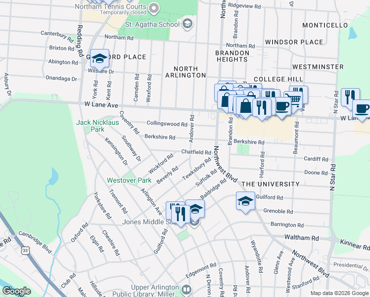 map of restaurants, bars, coffee shops, grocery stores, and more near 1914 Chatfield Road in Columbus