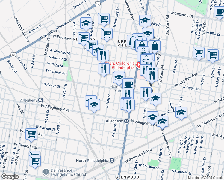 map of restaurants, bars, coffee shops, grocery stores, and more near 3341 North 16th Street in Philadelphia