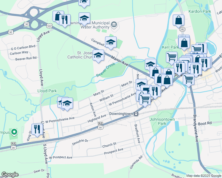 map of restaurants, bars, coffee shops, grocery stores, and more near 322 Mary Street in Downingtown