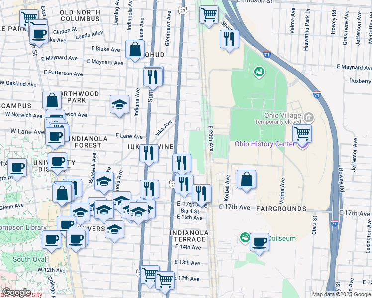 map of restaurants, bars, coffee shops, grocery stores, and more near 425 East Lane Avenue in Columbus