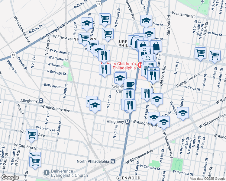 map of restaurants, bars, coffee shops, grocery stores, and more near 3341 North 16th Street in Philadelphia