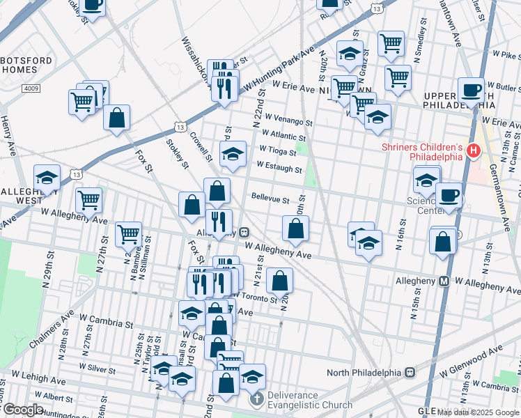 map of restaurants, bars, coffee shops, grocery stores, and more near 2113 West Westmoreland Street in Philadelphia