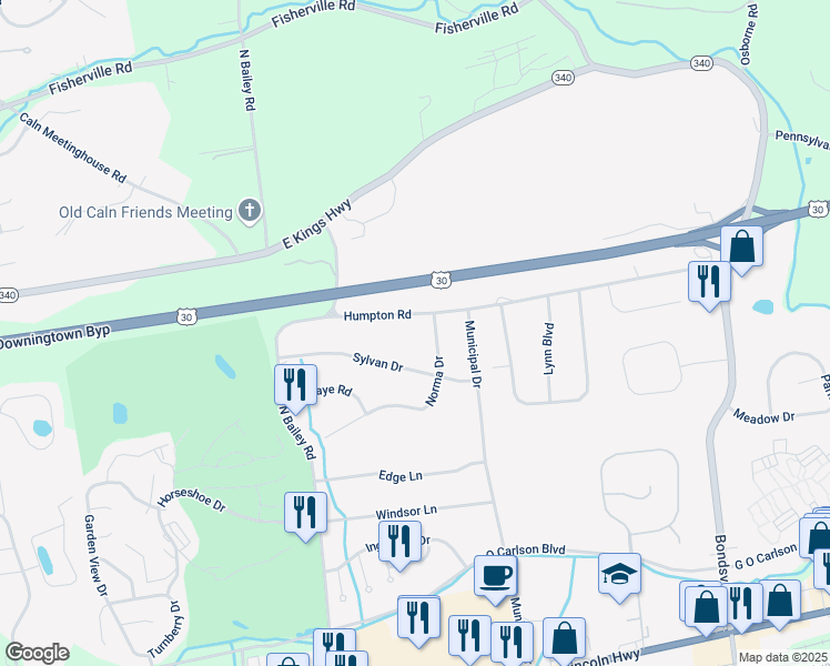 map of restaurants, bars, coffee shops, grocery stores, and more near 608 Norma Drive in Thorndale