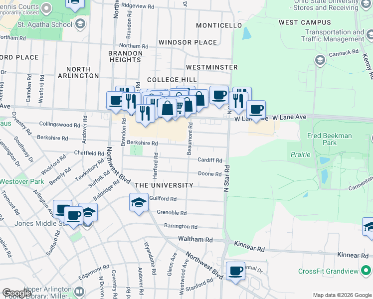 map of restaurants, bars, coffee shops, grocery stores, and more near 1581 Berkshire Road in Columbus