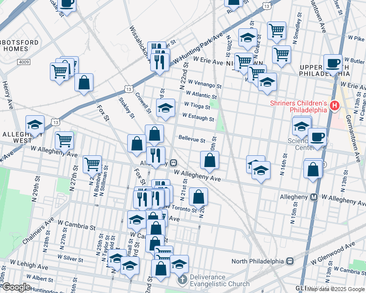 map of restaurants, bars, coffee shops, grocery stores, and more near 2119 West Westmoreland Street in Philadelphia
