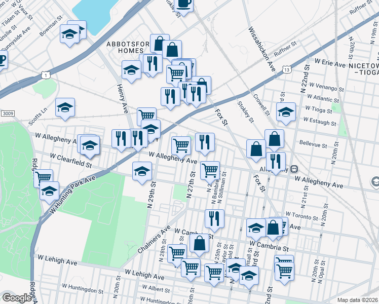 map of restaurants, bars, coffee shops, grocery stores, and more near 3223 North Etting Street in Philadelphia