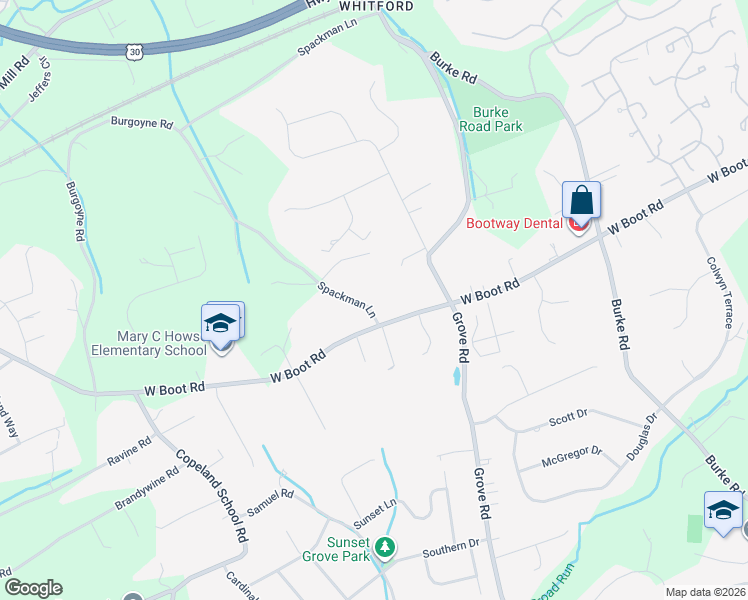 map of restaurants, bars, coffee shops, grocery stores, and more near 1405 Spackmans Lane in West Chester