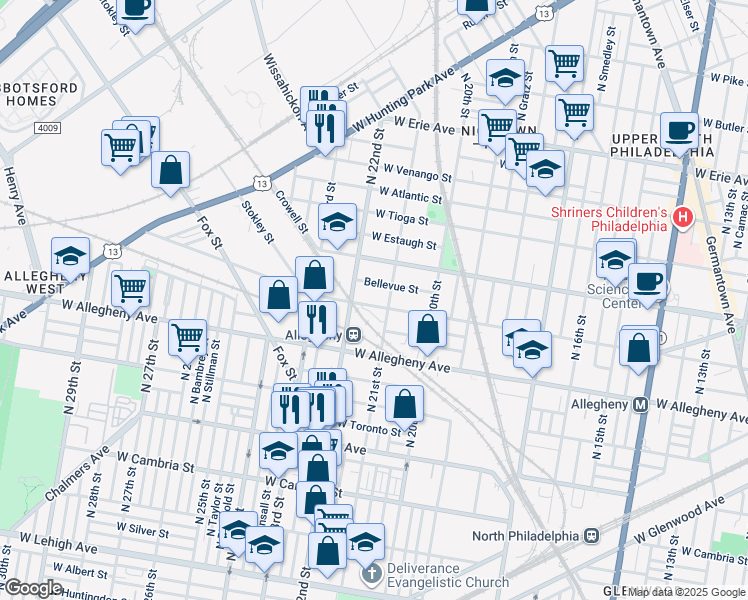 map of restaurants, bars, coffee shops, grocery stores, and more near 2117 West Westmoreland Street in Philadelphia