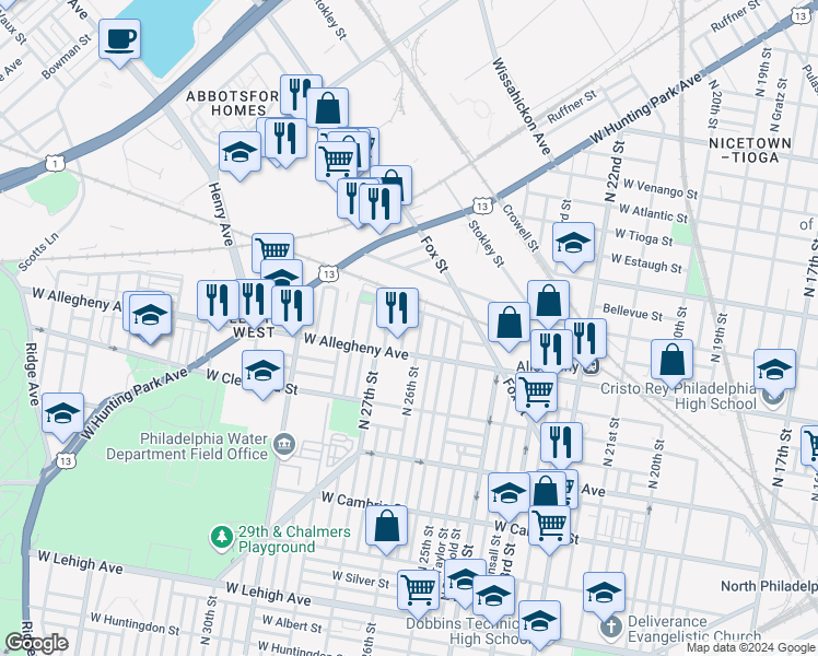map of restaurants, bars, coffee shops, grocery stores, and more near 3229 North Bailey Street in Philadelphia