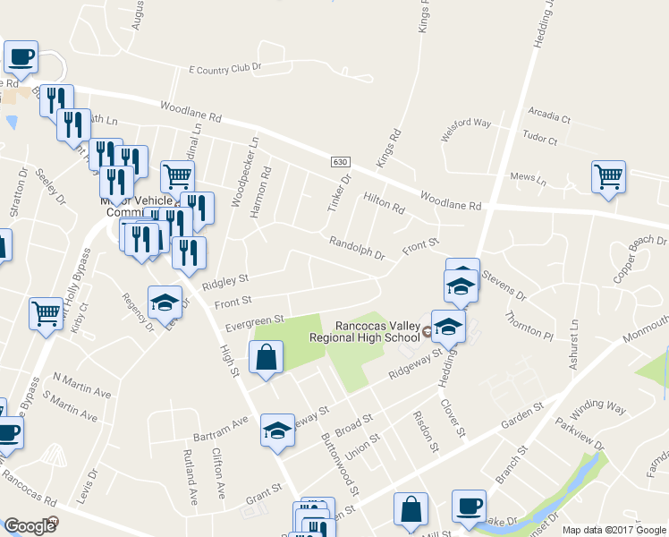 map of restaurants, bars, coffee shops, grocery stores, and more near 56 Ridgley Street in Mount Holly