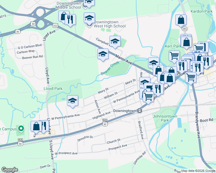 map of restaurants, bars, coffee shops, grocery stores, and more near 367 Mary Street in Downingtown