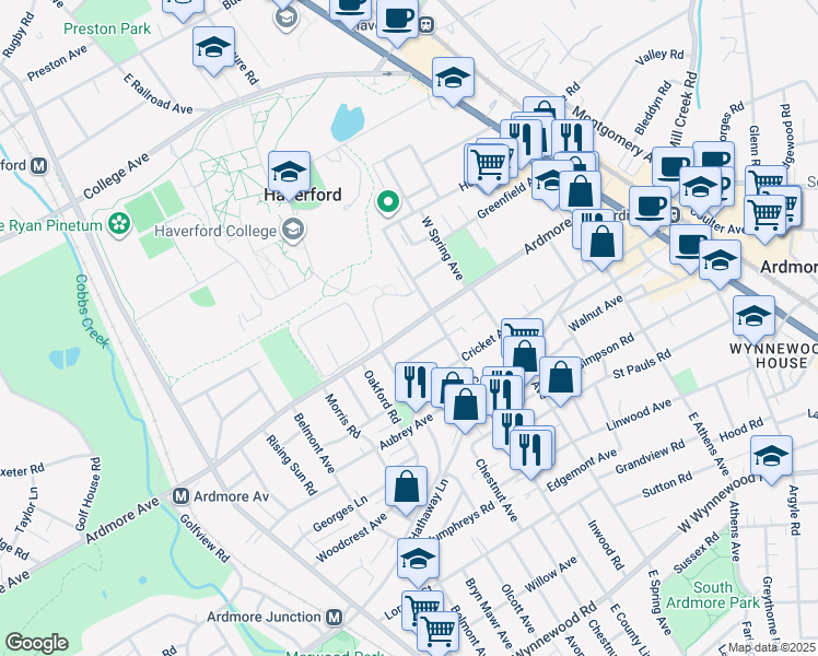 map of restaurants, bars, coffee shops, grocery stores, and more near 803 Ardmore Avenue in Ardmore
