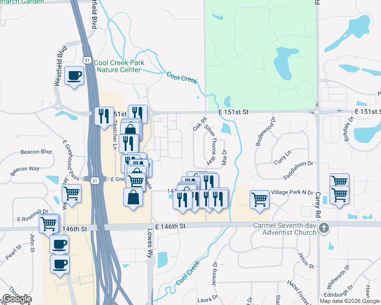 map of restaurants, bars, coffee shops, grocery stores, and more near 14932 Oak Road in Carmel