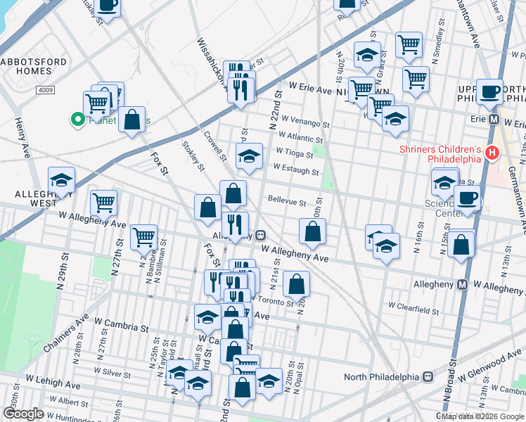 map of restaurants, bars, coffee shops, grocery stores, and more near 3301 North 22nd Street in Philadelphia