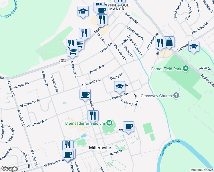 map of restaurants, bars, coffee shops, grocery stores, and more near 328 Maple Avenue in Millersville