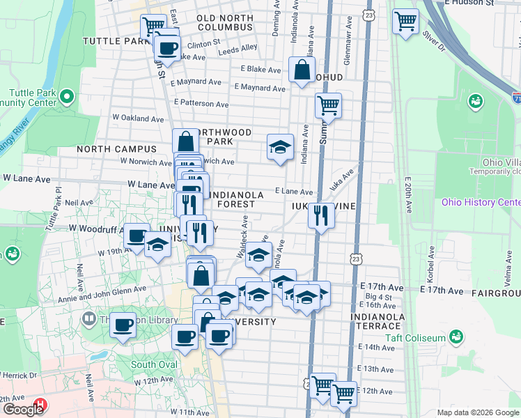 map of restaurants, bars, coffee shops, grocery stores, and more near 166 Frambes Avenue in Columbus
