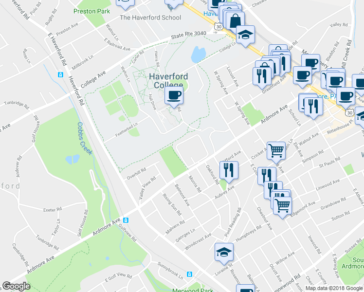 map of restaurants, bars, coffee shops, grocery stores, and more near 211 Village Hampton in Ardmore