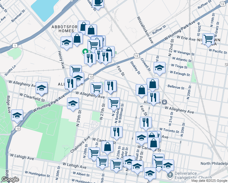 map of restaurants, bars, coffee shops, grocery stores, and more near 3229 North Bailey Street in Philadelphia