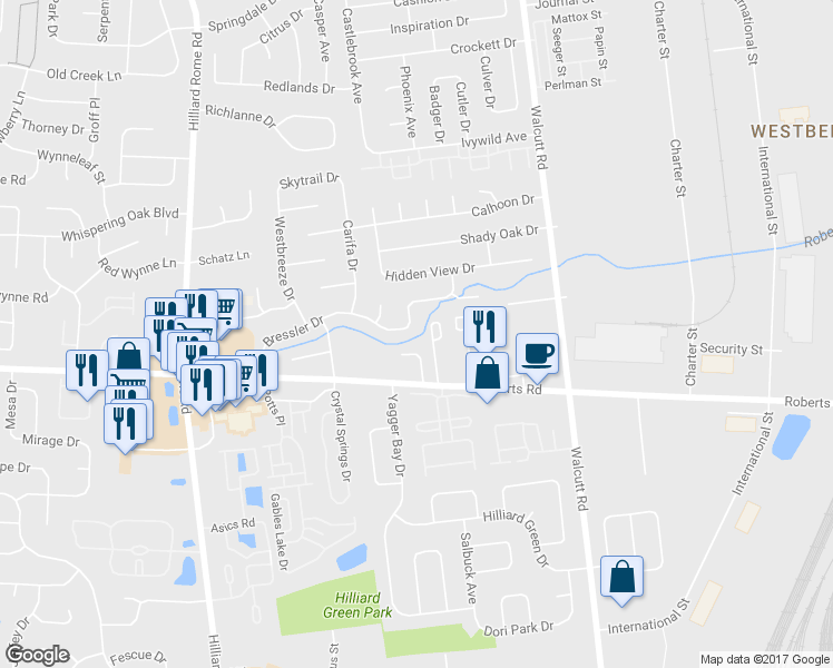 map of restaurants, bars, coffee shops, grocery stores, and more near 5113 Bressler Drive in Hilliard