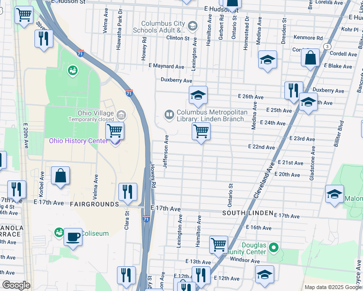 map of restaurants, bars, coffee shops, grocery stores, and more near 1007 East 22nd Avenue in Columbus