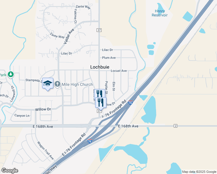 map of restaurants, bars, coffee shops, grocery stores, and more near 212 Poplar Street in Lochbuie