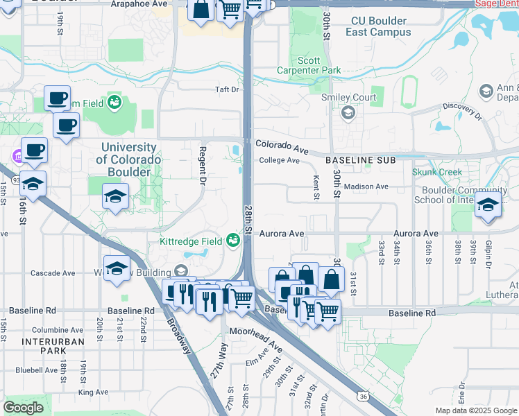 map of restaurants, bars, coffee shops, grocery stores, and more near 930 28th Street in Boulder