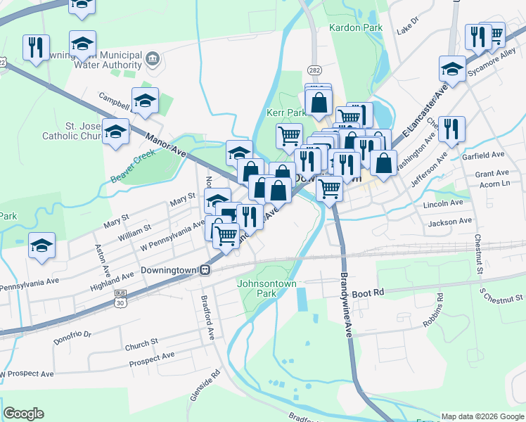map of restaurants, bars, coffee shops, grocery stores, and more near 41 West Lancaster Avenue in Downingtown