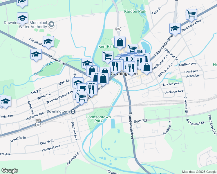 map of restaurants, bars, coffee shops, grocery stores, and more near 28 East Lancaster Avenue in Downingtown