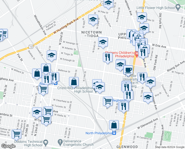 map of restaurants, bars, coffee shops, grocery stores, and more near 3340 North 18th Street in Philadelphia
