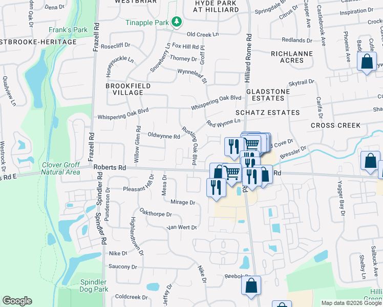 map of restaurants, bars, coffee shops, grocery stores, and more near 2596 Hilliard Place Drive in Hilliard