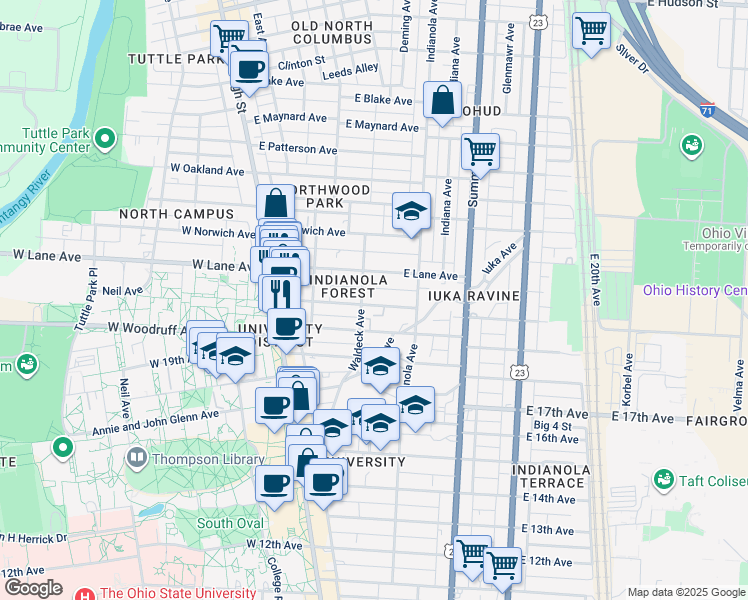 map of restaurants, bars, coffee shops, grocery stores, and more near 150 Frambes Avenue in Columbus