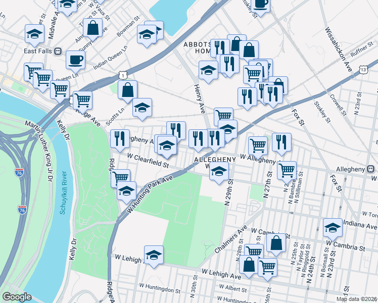 map of restaurants, bars, coffee shops, grocery stores, and more near 3158 West Allegheny Avenue in Philadelphia