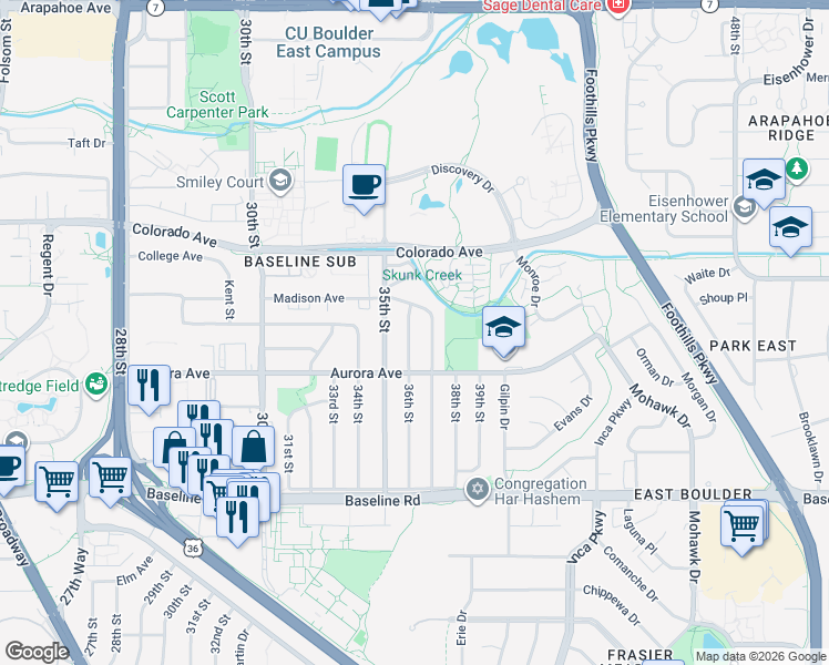 map of restaurants, bars, coffee shops, grocery stores, and more near 960 36th Street in Boulder