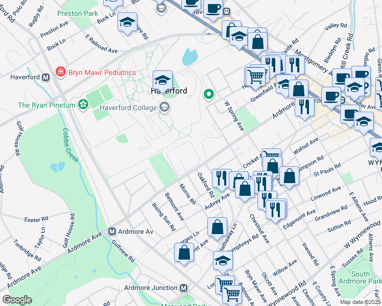 map of restaurants, bars, coffee shops, grocery stores, and more near 505 Village Sussex Road in Ardmore