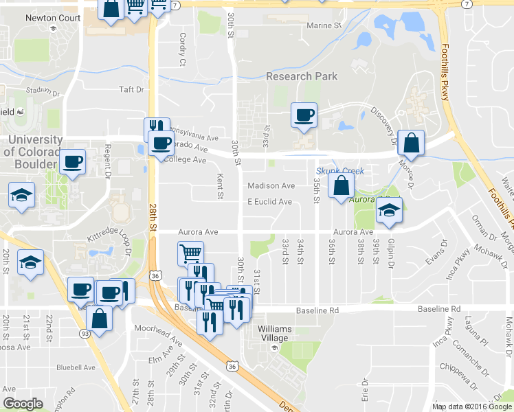 map of restaurants, bars, coffee shops, grocery stores, and more near 3100 Euclid Avenue in Boulder