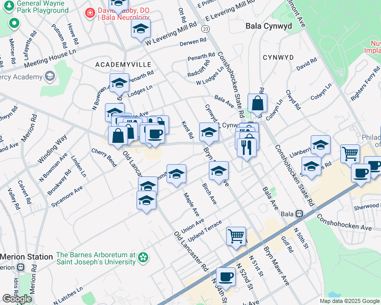 map of restaurants, bars, coffee shops, grocery stores, and more near 111 Summit Lane in Bala Cynwyd