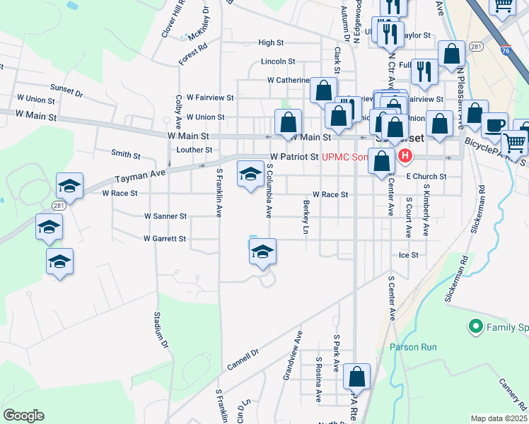 map of restaurants, bars, coffee shops, grocery stores, and more near 442 S Columbia Ave in Somerset